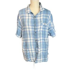 Carbon2Cobalt Short Sleeve Button Up Shirt Blue White Plaid Mens L Semi Sheer